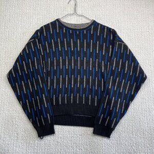 Vintage Sears Sweater Mens Small Blue Black Geometric Grandpa Knit Pullover 90s